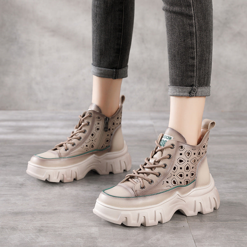 Hollow single toe low leather Lace-up ankle boots