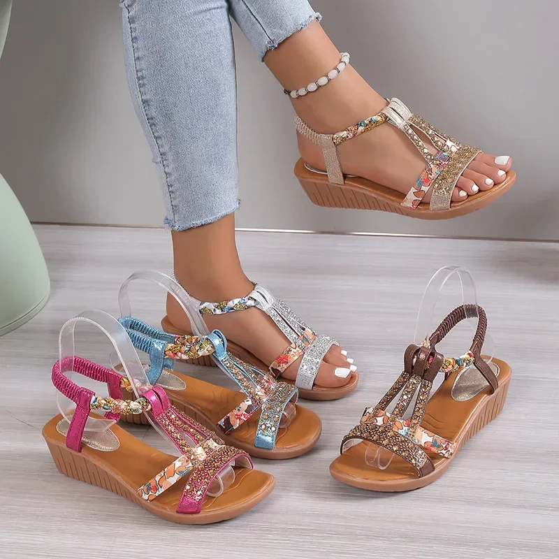 Crystal Open-Toe Low Heeled Sandals