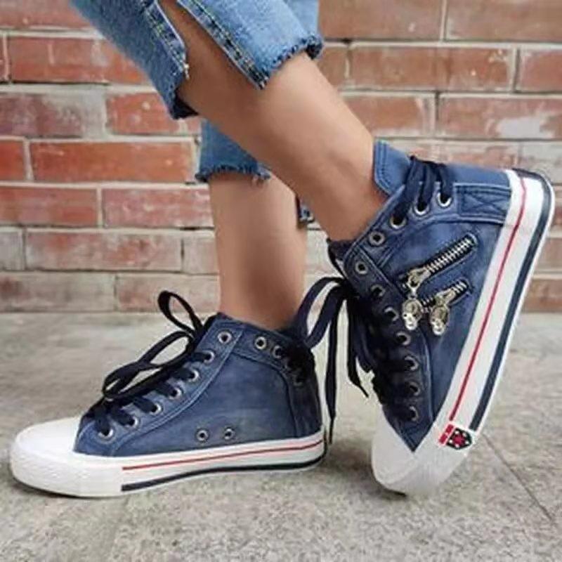 Denim high cut lace-up sneakers