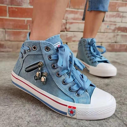 Denim high cut lace-up sneakers