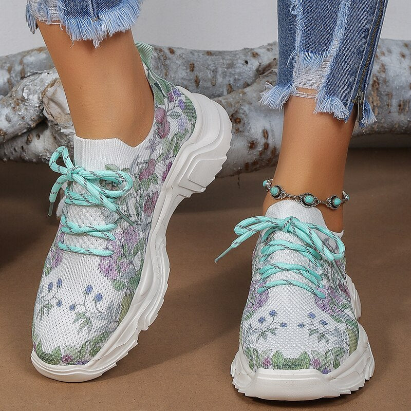 Floral Print Lace-up Breathable Orthopedic Sneakers