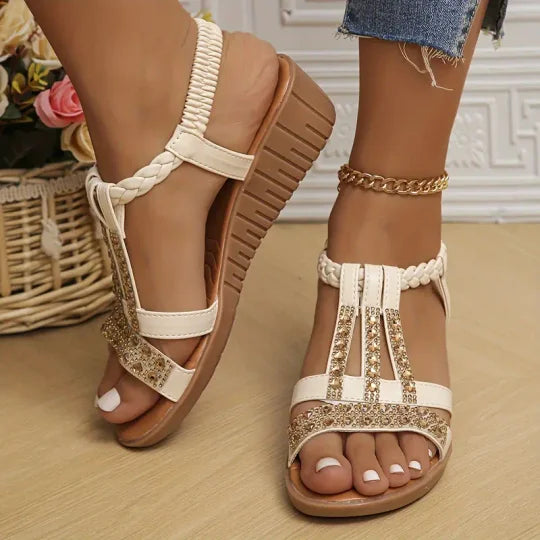 Bohemian Women Wedge Heels Rhinestone Crystal Strap Sandals