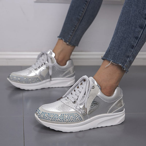 Rhinestone Embrellished Platform Lace-Up Sneakers Oshnow