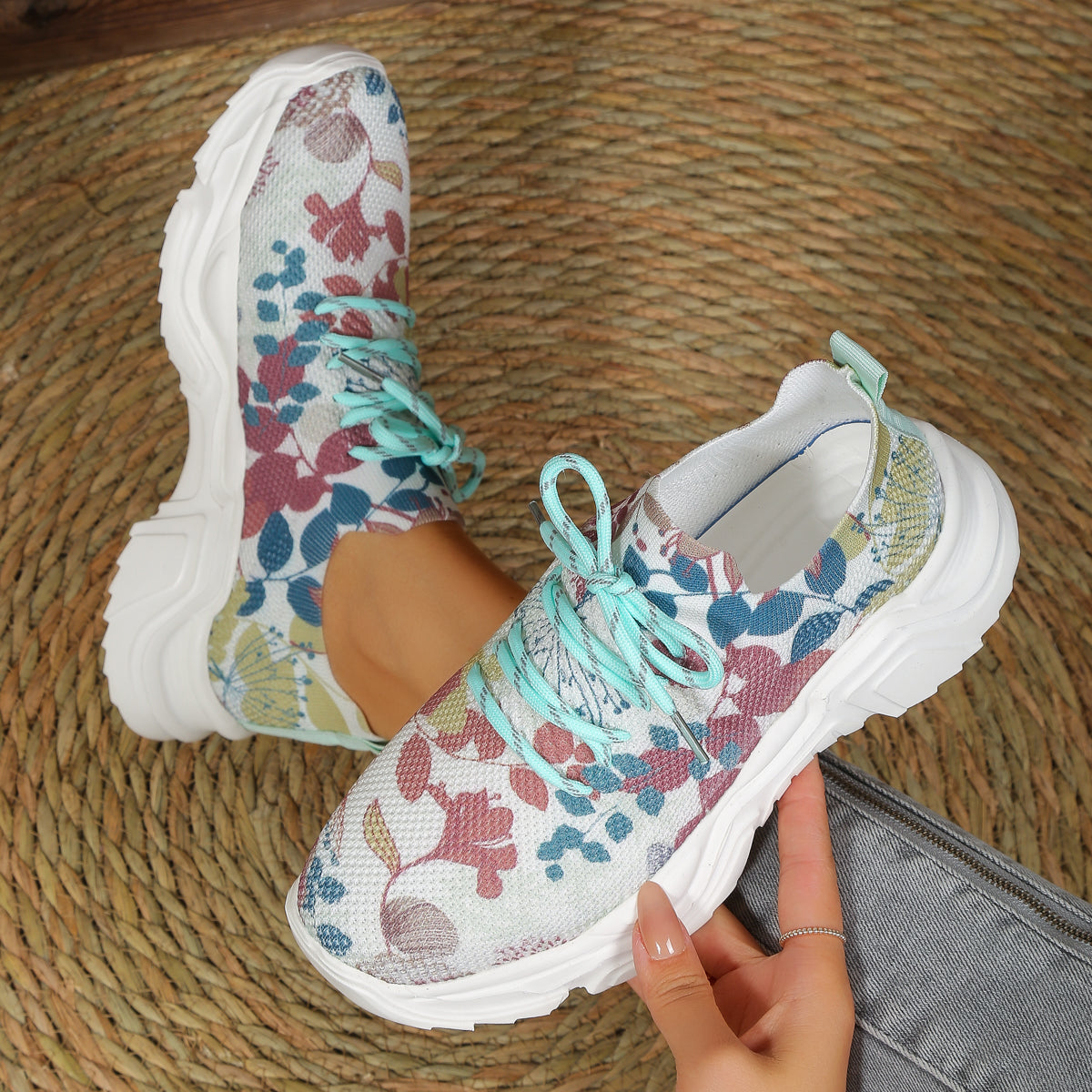 Floral Print Lace-up Breathable Orthopedic Sneakers