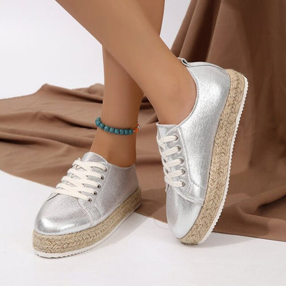 Metallic Espadrille Lace-up Platform Shoes