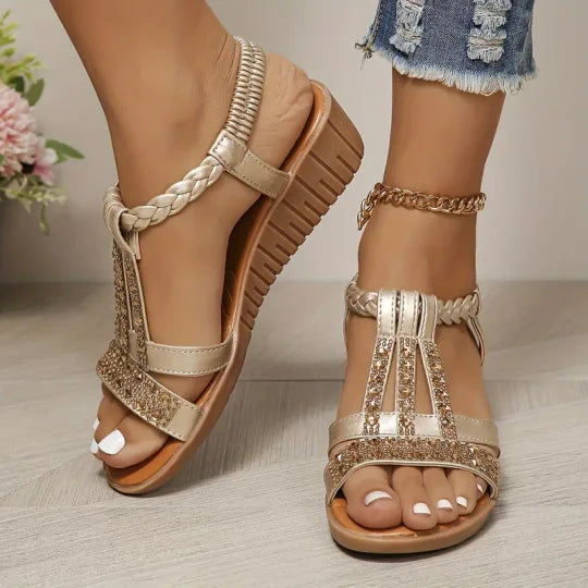 Bohemian Women Wedge Heels Rhinestone Crystal Strap Sandals