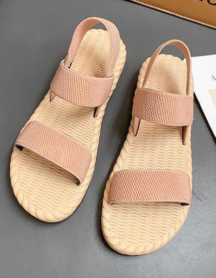 Camel-coloured women's flat sandals, simple woven elastic strap