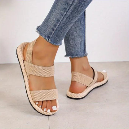 Camel-coloured women's flat sandals, simple woven elastic strap