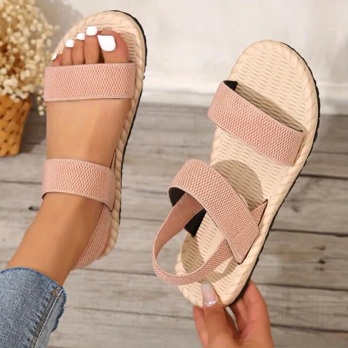 Camel-coloured women's flat sandals, simple woven elastic strap