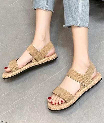 Camel-coloured women's flat sandals, simple woven elastic strap