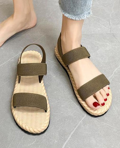 Camel-coloured women's flat sandals, simple woven elastic strap