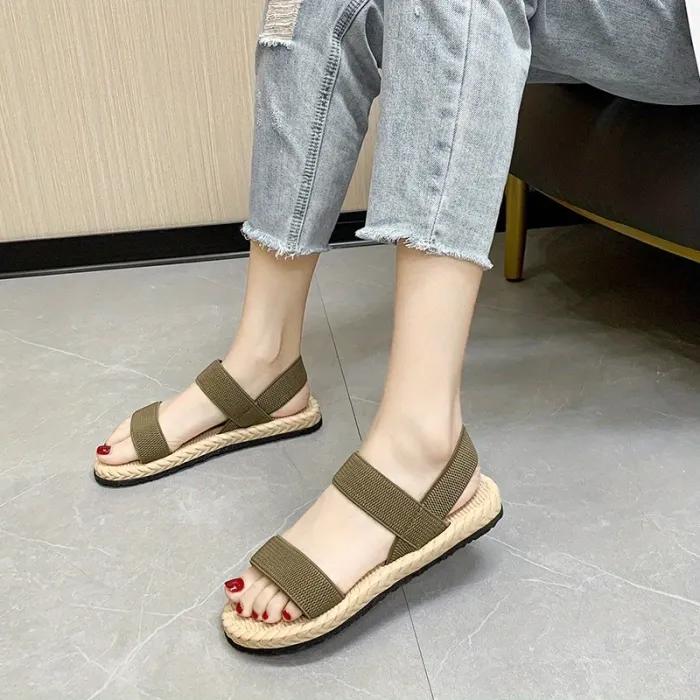 Camel-coloured women's flat sandals, simple woven elastic strap