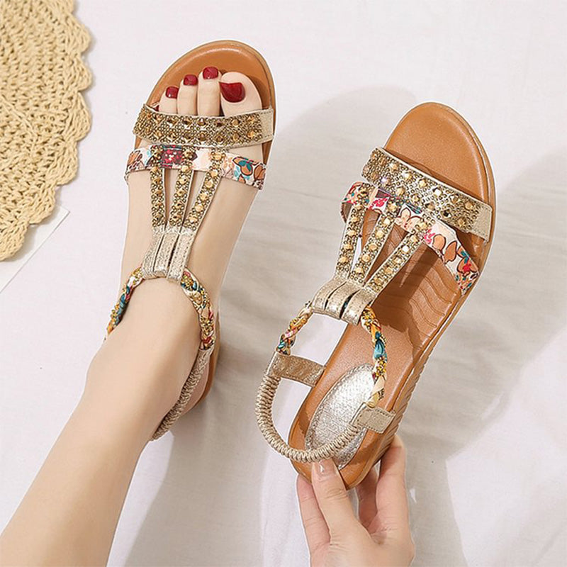 Bohemian Women Wedge Heels Rhinestone Crystal Strap Sandals